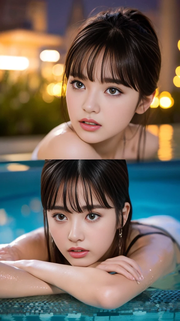 (High resolution CG Unity 8K wallpaper)、(masterpiece)、(Highest quality)、(Super detailed)、(Best illustrations)、Female 1 person、(Bangs hanging on the forehead: 1.4)、((luxury night pool: 1.4))、(Reiwa's Kyoko Otonashi: 1.4)、(Long black hair: 1.4)、(Big Breasts: 1.4)、((Sexy Swimsuit: 1.4))、(Red lips: 1.4)、(front: 1.2)、Puffy eyes、Close-up、(Upper Body: 1.4)