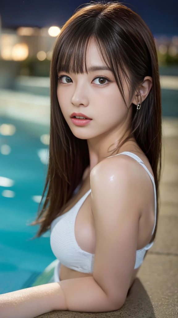 (High resolution CG Unity 8K wallpaper)、(masterpiece)、(Highest quality)、(Super detailed)、(Best illustrations)、Female 1 person、(Bangs hanging on the forehead: 1.4)、((luxury night pool: 1.4))、(Reiwa's Kyoko Otonashi: 1.4)、(Long black hair: 1.4)、(Big Breasts: 1.4)、((Sexy Swimsuit: 1.4))、(Red lips: 1.4)、(front: 1.2)、Puffy eyes、Close-up、(Upper Body: 1.4)