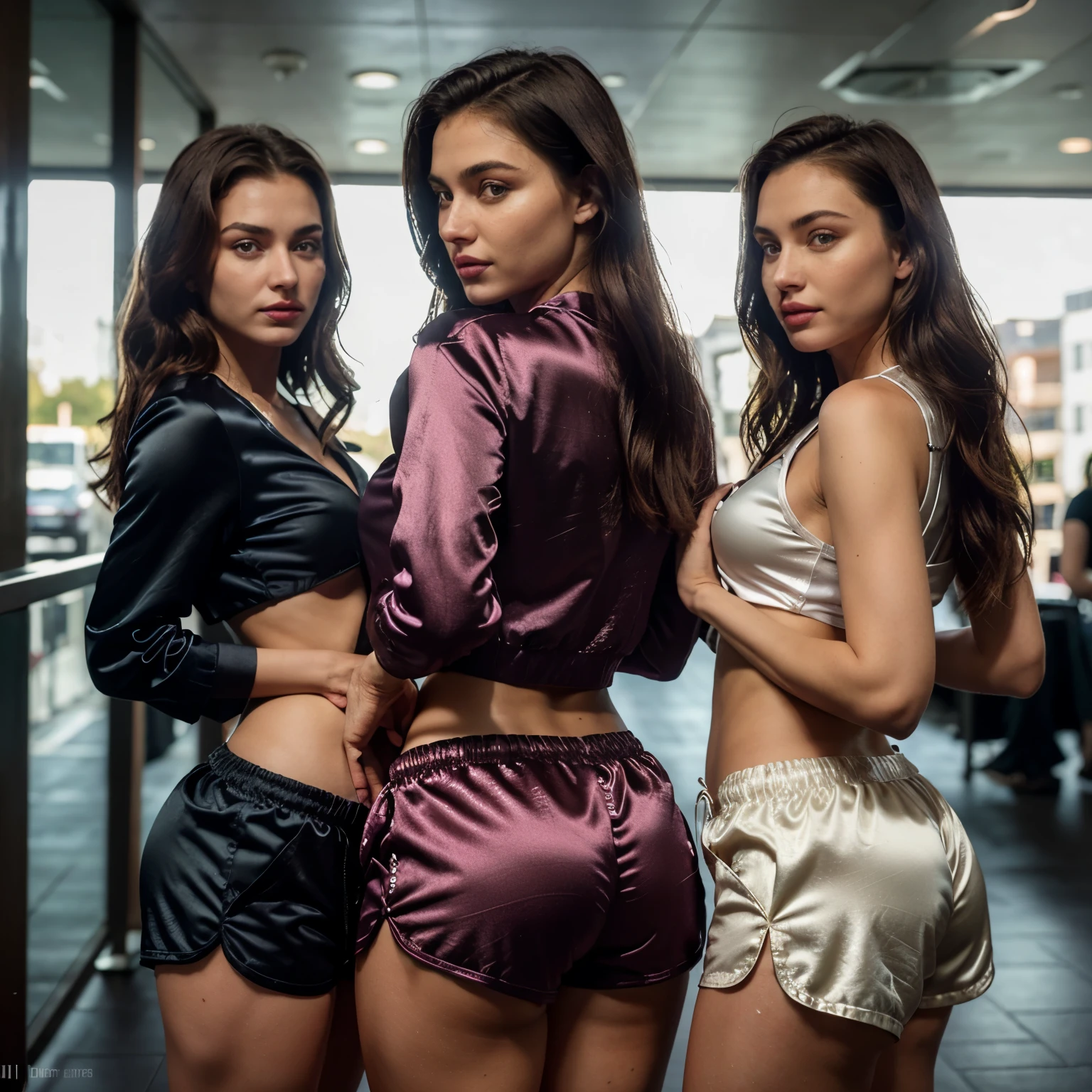 (realistic, photorealistic), cinematic photo ,realistic, (a woman wearing loungewear and Satin Shorts: Shorts with multiple pockets, often inspired by military wear.), NikkyRiderQuiron woman, . 35mm photograph, film, bokeh, professional, 4k, highly detailed, (high quality skin), (high detailed face skin), (realistic iris), (realistic pupils), (skin pores), (skin imperfections:0.27),sexy Ass ,tow Girls in Club,rote Haare,