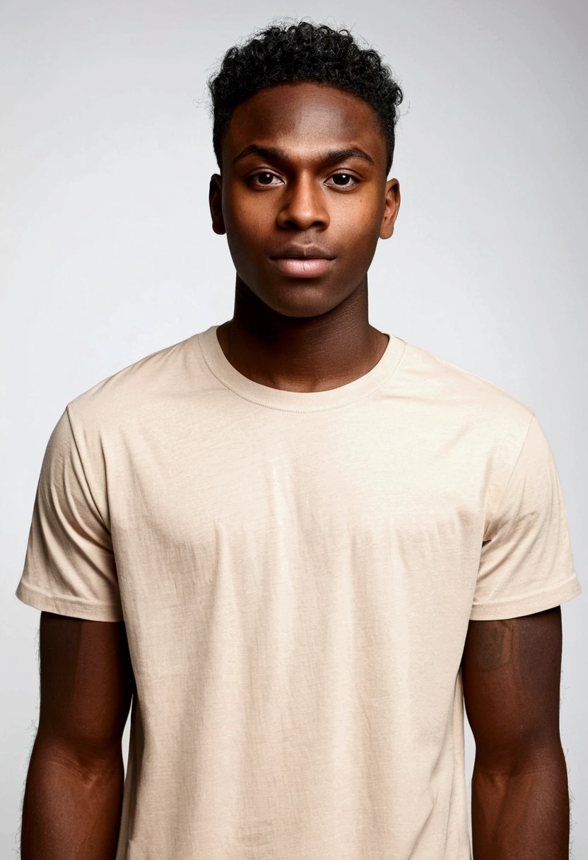 make a young 20-year-old dark-skinned man wearing a looser light beige t-shirt, I don't want a stuck t-shirt, A realistic photo, on a white studio background, the front part.