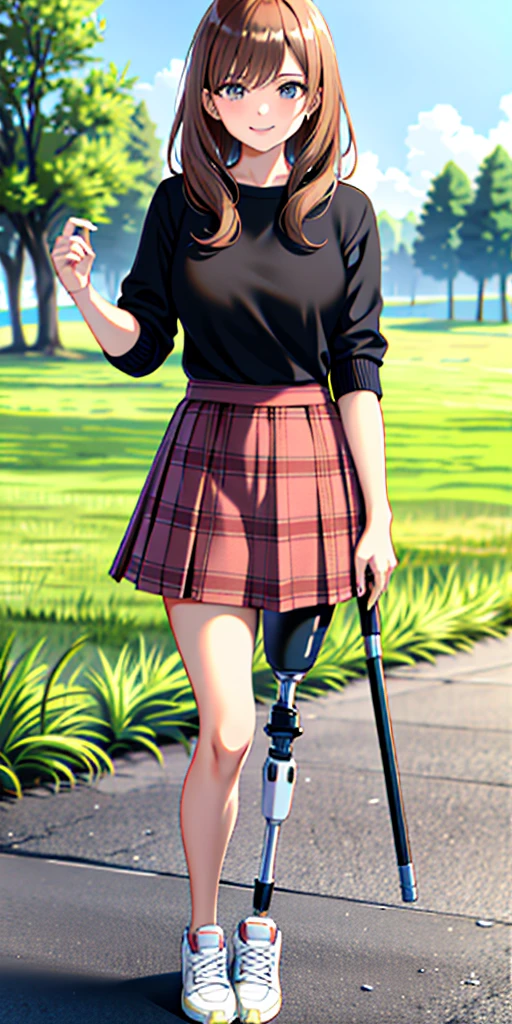 best quality, 1girl, solo, standing, outdoors, medium hair, brown hair, curly hair, looking at viewer, medium breasts,  (prosthetic leg:1.2), full body, smiling, (skirt:1.4), sneakers, plaid skirt, oversized_sweater, white oversized_sweater