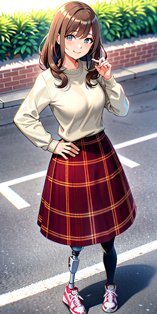 best quality, 1girl, solo, standing, outdoors, medium hair, brown hair, curly hair, looking at viewer, medium breasts,  (prosthetic leg:1.2), full body, smiling, (skirt:1.4), sneakers, plaid skirt, oversized_sweater, white oversized_sweater