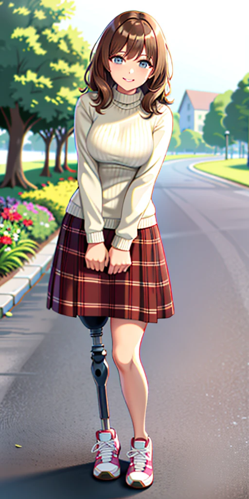 best quality, 1girl, solo, standing, outdoors, medium hair, brown hair, curly hair, looking at viewer, medium breasts,  (prosthetic leg:1.2), full body, smiling, (skirt:1.4), sneakers, plaid skirt, oversized_sweater, white oversized_sweater