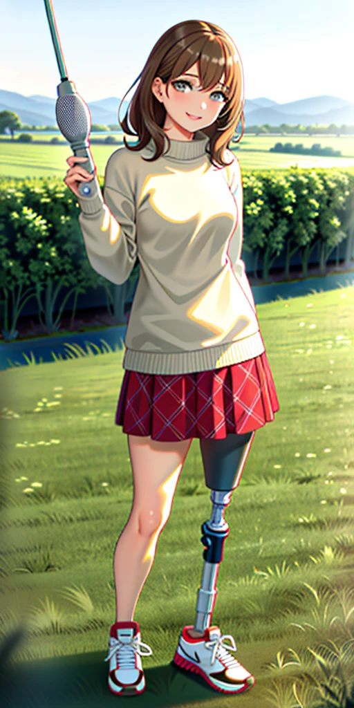 best quality, 1girl, solo, standing, outdoors, medium hair, brown hair, curly hair, looking at viewer, medium breasts,  (prosthetic leg:1.2), full body, smiling, (skirt:1.4), sneakers, plaid skirt, oversized_sweater, white oversized_sweater