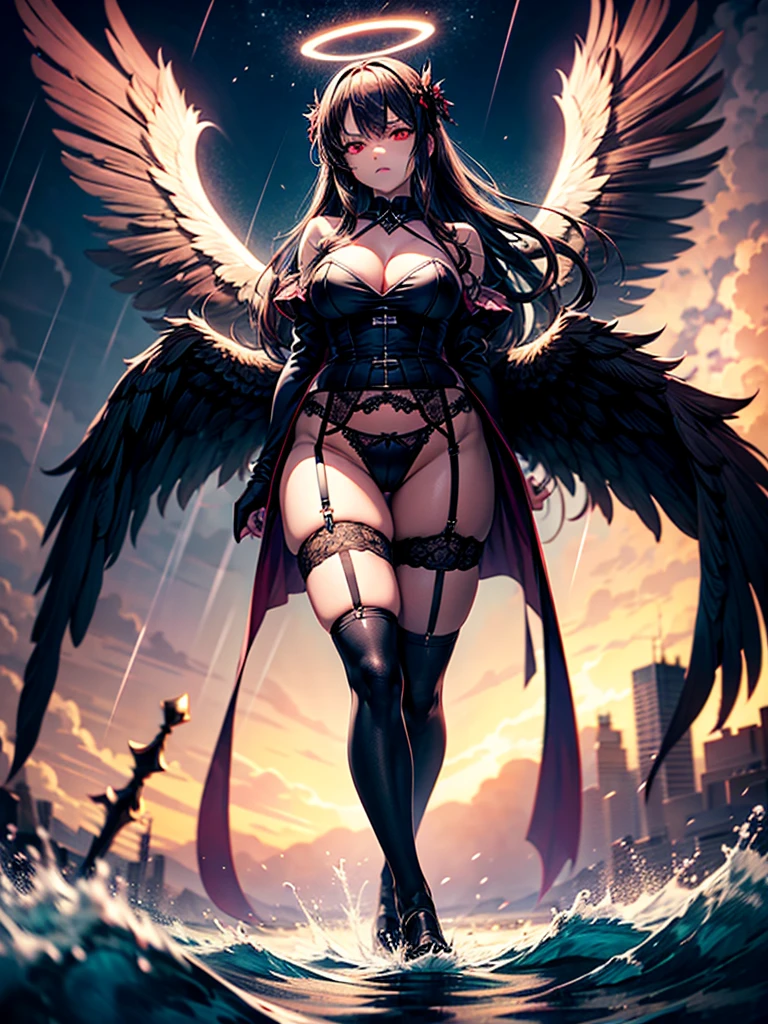Highest quality,Highest Resolution,Beautiful girl with angry face in gothic ta leotard,High leg,(((Floating in the air))),Halo,Night Sky,Severe lightning strike,Thick Lightning,Very beautiful red eyes,rain,(((Black angel wings on the back))),whole body,front,Purple long hair,In hand1with two big spears,Knee-high stockings,garter belt,Floating in the air,darkness,