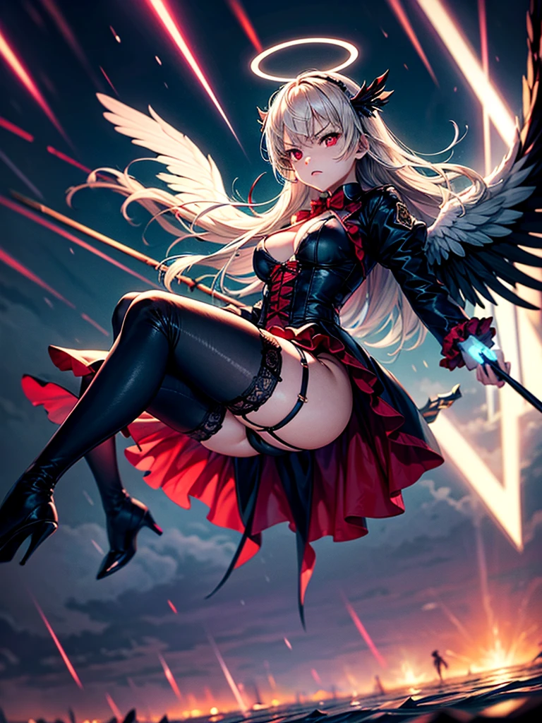 Highest quality,Highest Resolution,Beautiful girl with angry face in gothic lolita leotard,High leg,(((Floating in the air))),Halo,Night Sky,Severe lightning strike,Thick Lightning,Very beautiful red eyes,rain,(((Black angel wings on the back))),whole body,front,Purple long hair,In hand１with two big spears,Knee-high stockings,garter belt,Floating in the air,darkness,