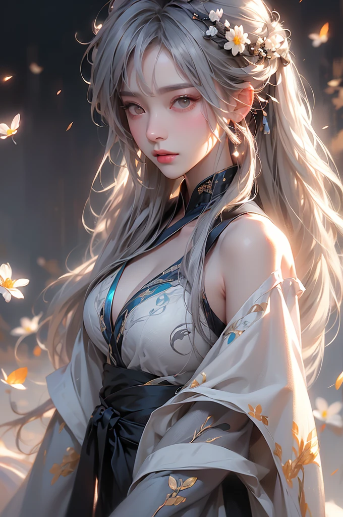 super high quality, masterpiece, Perfect illustration, Very detailed (Exquisite light and shadow, Very dramatic photo,Backlight) , ((Gray Hair:1.5))1 Girl,(( alone:1.6)), (Wearing Han clothes, Black and white Hanfu,Monotony,Long sleeve) Flower Field, Flowers, (White smoke:1.3) (Realistic:1.4), Zen Intertwining, Tangled, Official Art, unity 8k wallpaper, Very detailed, Beautiful and beautiful, masterpiece, Highest quality, (Dynamic Angle: 1.4), Glowing Skin, (Floating colorful flashes: 1) The most beautiful chaotic shapes, elegant, Brutalist Design, Bright colors, Romantic Depth of Field Exotic_dance, half_naked、(Separate sleeves:1.4, Expose your shoulders、Ample breasts、Beautiful cleavage)(from backside)