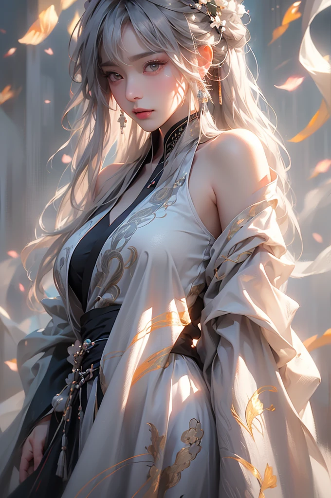 super high quality, masterpiece, Perfect illustration, Very detailed (Exquisite light and shadow, Very dramatic photo,Backlight) , ((Gray Hair:1.5))1 Girl,(( alone:1.6)), (Wearing Han clothes, Black and white Hanfu,Monotony,Long sleeve) Flower Field, Flowers, (White smoke:1.3) (Realistic:1.4), Zen Intertwining, Tangled, Official Art, unity 8k wallpaper, Very detailed, Beautiful and beautiful, masterpiece, Highest quality, (Dynamic Angle: 1.4), Glowing Skin, (Floating colorful flashes: 1) The most beautiful chaotic shapes, elegant, Brutalist Design, Bright colors, Romantic Depth of Field Exotic_dance, half_naked、(Separate sleeves:1.4, Expose your shoulders、Ample breasts、Beautiful cleavage)(from backside)