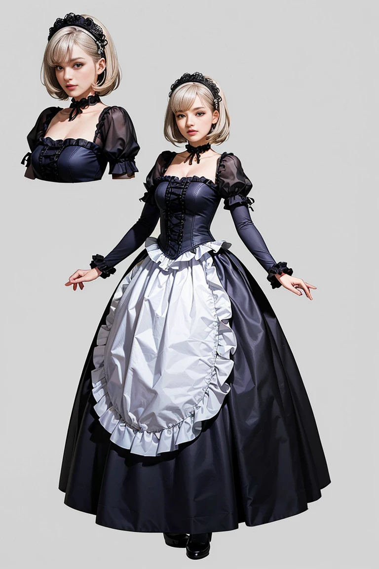 ((masterpiece)), (Highest quality))), (Character design sheet, National costume, same characters, front, ~ side, return), figure, 1 girl, whole body, Silver Hair, eyes hair, Beautiful Eyes, Princess Cut, Environmental change scene, Short skirt, Shyness, woman, girl, Are standing, Gothic Lolita, VTuber, Chartern Betarola, (simple returnground, white returnground: 1.3) ( masterpiece:1.2), (Highest quality:1.3)