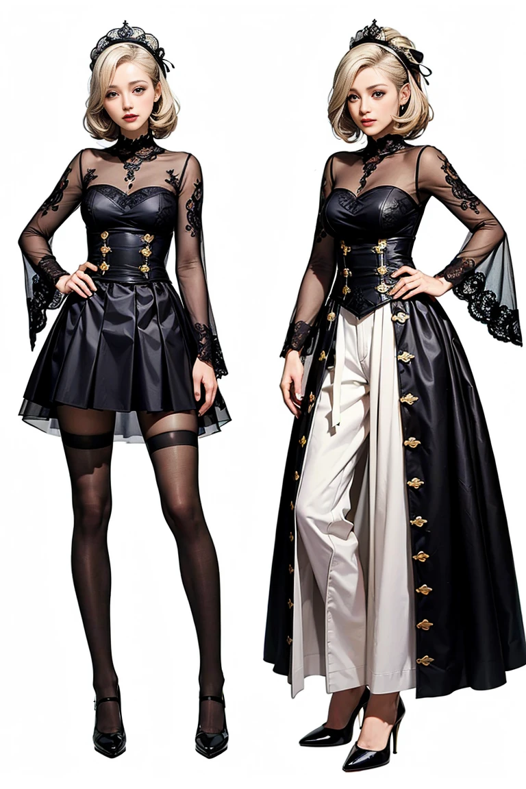 ((masterpiece)), (Highest quality))), (Character design sheet, National costume, same characters, front, ~ side, return), figure, 1 girl, whole body, Silver Hair, eyes hair, Beautiful Eyes, Princess Cut, Environmental change scene, Short skirt, Shyness, woman, girl, Are standing, Gothic Lolita, VTuber, Chartern Betarola, (simple returnground, white returnground: 1.3) ( masterpiece:1.2), (Highest quality:1.3)