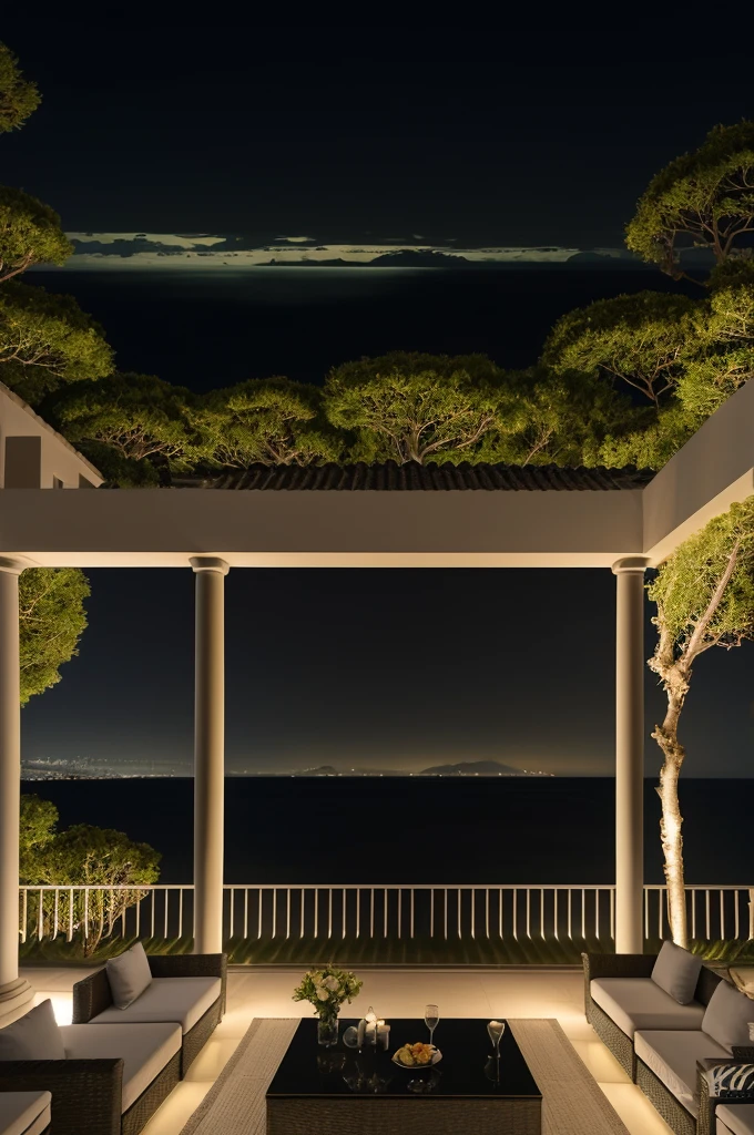 Sea of night,field,the sky is pitch black,No moon,View from the villa,Realistic,More realistic,Seaside terrace,8K Ultra HD, Digital SLR, Party Venue,Midnight Sea,View from the terrace,空にNo moon
