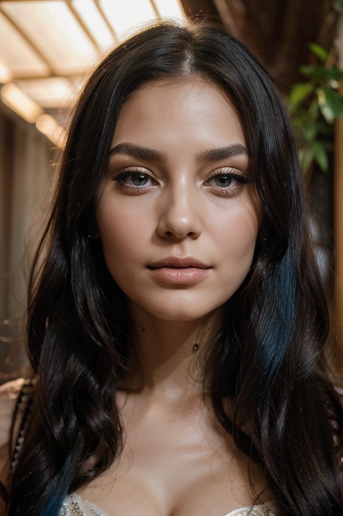 A girl with long blue hair. Her face is exquisite, with high cheekbones and smooth fair skin. Her large black eyes, framed by long thick eyelashes, are impressive and expressive, radiating calmness and confidence. Well-defined eyebrows curve gracefully above her eyes, adding intensity to her gaze. She has a small, straight nose and full, slightly parted lips that curve into a slight smile, revealing hints of mischief and allure. Medium close-up, Celebrating the fusion of timeless elegance and contemporary flair, capture a breathtaking 8k-resolution photograph of a victoria's secret fashion model in a mesmerizing, enigmatic forest glade at the golden hour. the model, adorned in a bespoke haute couture gown inspired by the interplay of light and shadow, should exude an air of mystique and confidence.her makeup, a juxtaposition of natural beauty and avant-garde artistry, should accentuate her features with ethereal iridescence, while her hairstyle should blend a sleek, modern aesthetic with subtle hints of vintage charm. the location itself should be transformed into a dreamscape, with carefully placed props and lighting to enhance the atmosphere, model, 8k resolution, hyper realistic, day, 35mm film, editorial, high fashion, 2023