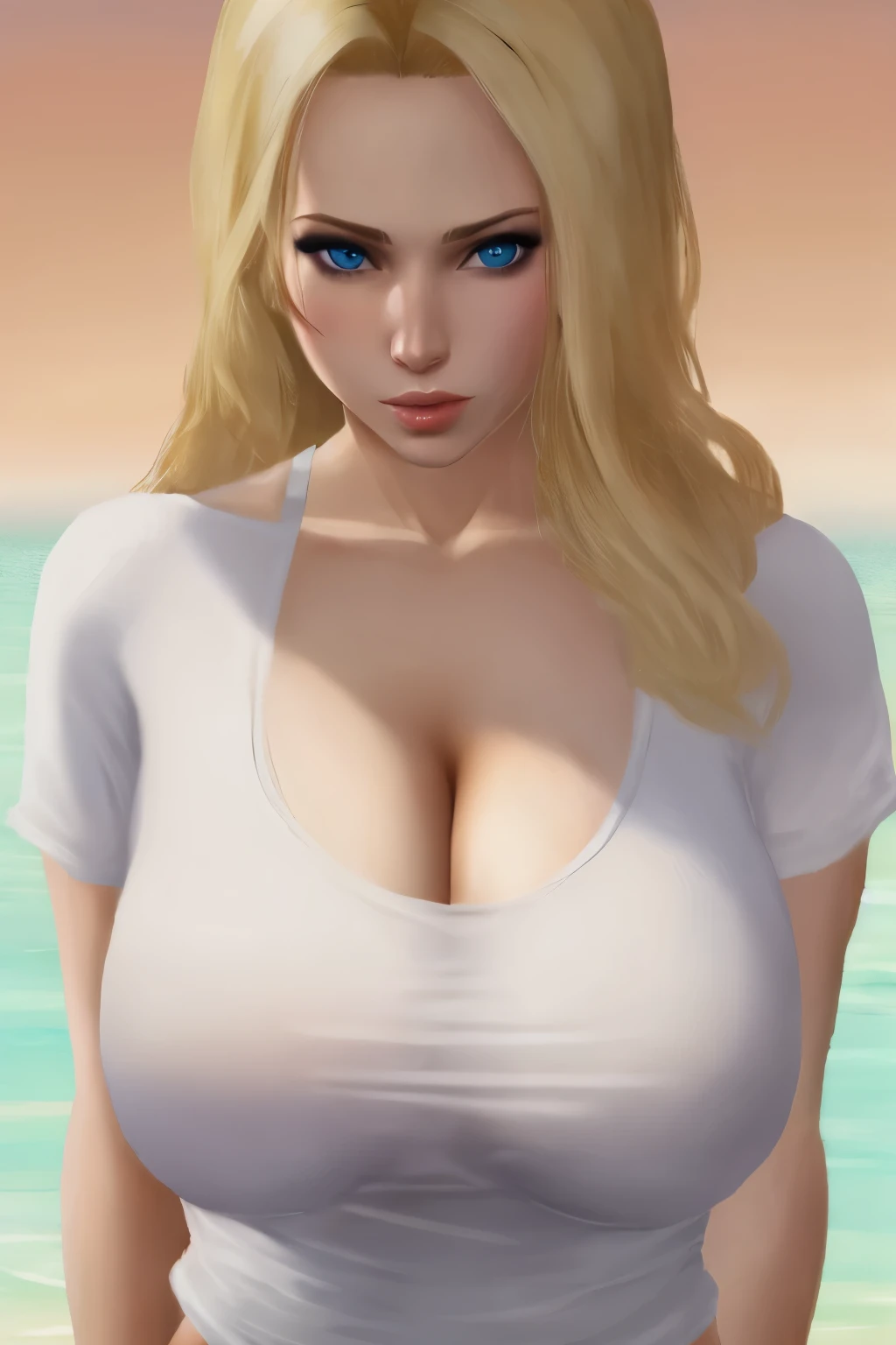 sexy blonde, 30 years old, top figure, big breasts, beautiful cleavage in a sheer t-shirt, sexy, gta painted image, GTA style