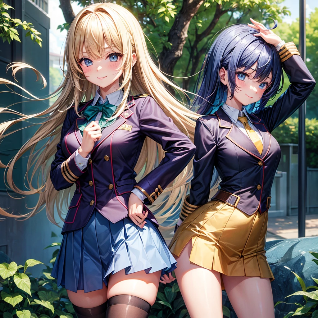 Best Quality，middle School girls，Superpowered girl，Blitzkrieg，Electromaster，smile，Highest quality，Big Breastulti-colored hair，Cute uniform，She has her bangs down，blazer，Academy，future，cardigan，Beautiful girls，Horny girl，Naughty Girlasterpiece，perfection，Long Hair，tights，perfectionに描かれている