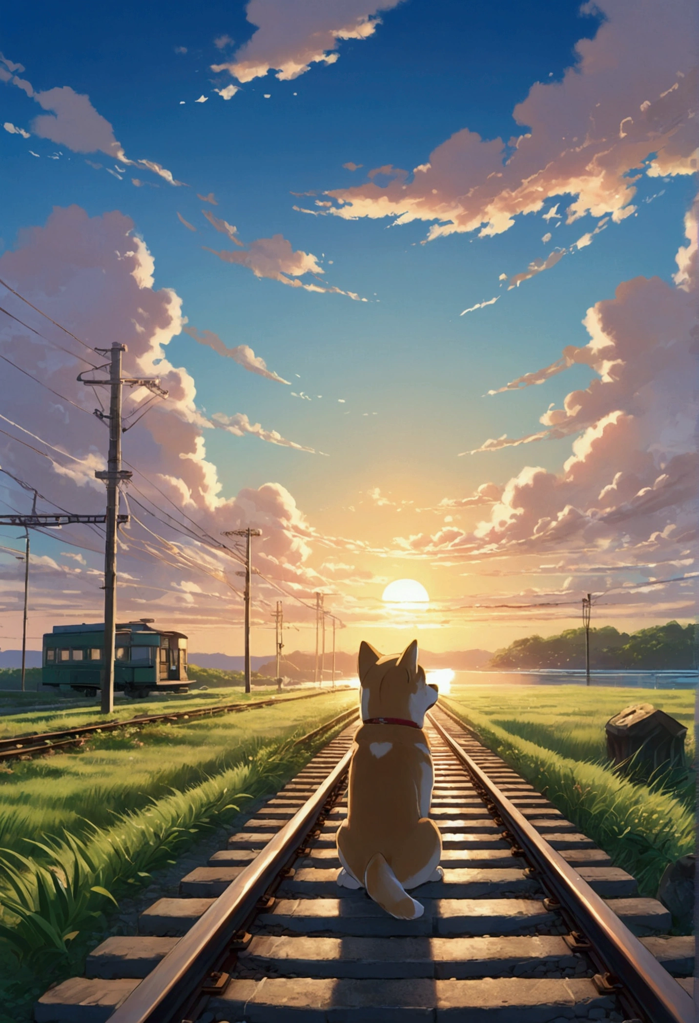Makoto Shinkai Taste, Beautiful Landscape, Beautiful sky, (Shiba Inu Puppy,Drawn small, A little realistic), Healing scenes, Full of hope, Detailed Description, Beautiful sunrise, Angle from afar, The sea at the end of the road, train tracks, Soft Light, Fantastic landscape,