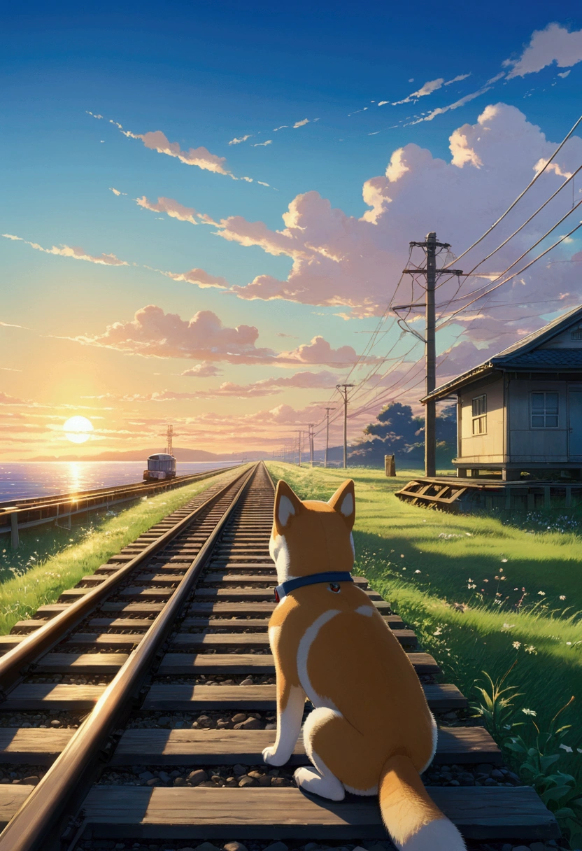 Makoto Shinkai Taste, Beautiful Landscape, Beautiful sky, (Shiba Inu Puppy,Drawn small, A little realistic), Healing scenes, Full of hope, Detailed Description, Beautiful sunrise, Angle from afar, The sea at the end of the road, train tracks, Soft Light, Fantastic landscape,