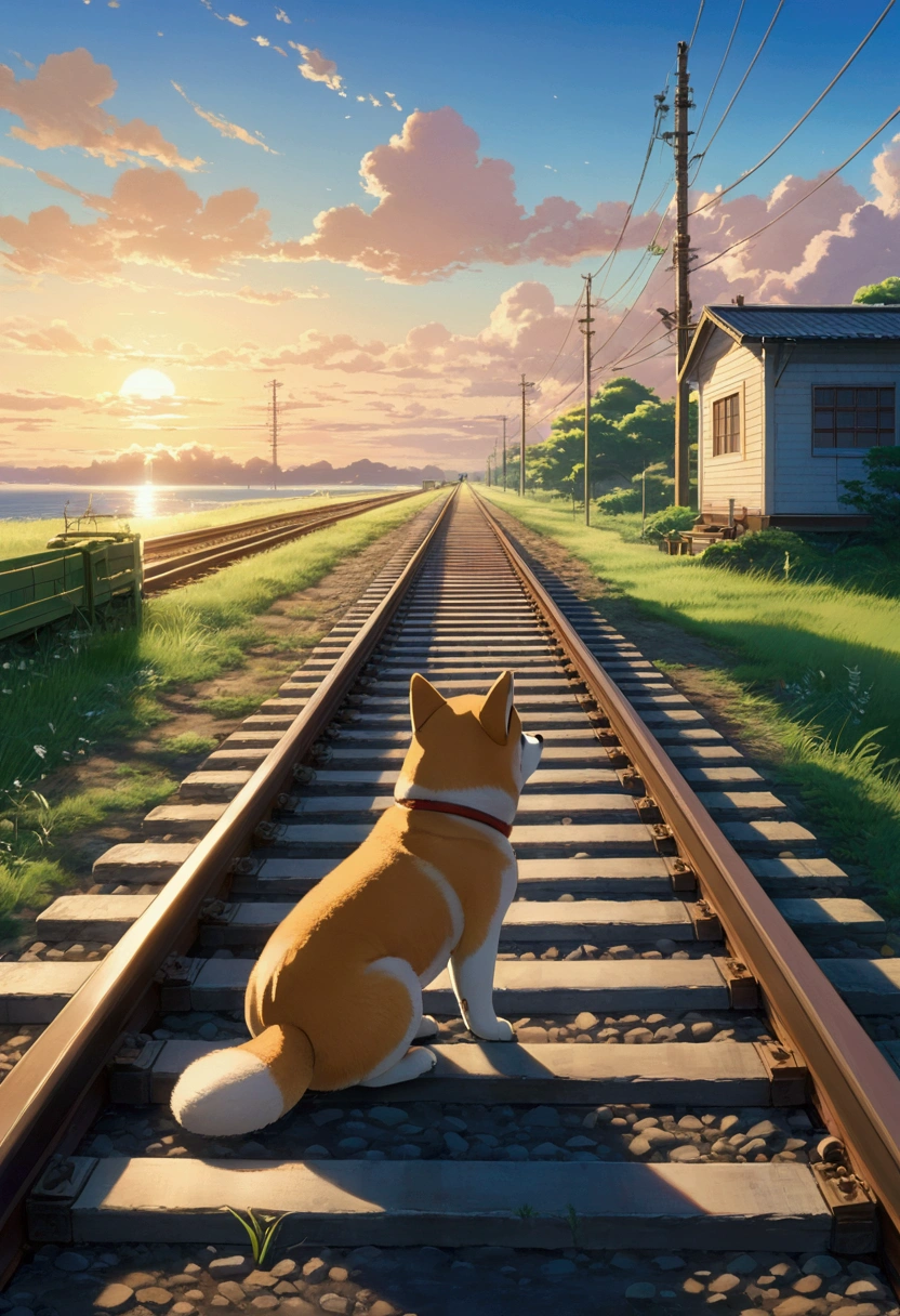 Makoto Shinkai Taste, Beautiful Landscape, Beautiful sky, （Shiba Inu Puppy,Drawn small, A little realistic）, Healing scenes, Full of hope, Detailed Description, Beautiful sunrise, Angle from afar, The sea at the end of the road, train tracks, Soft Light, Fantastic landscape,