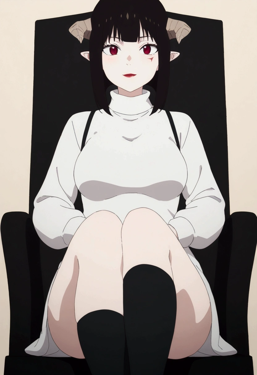 (work of art, ultra detali,high resolution,8K), 1 girl ,standing alone,hinterland,Look to viewer, TochaTortura, trunk,sheen,brunette skin,sitting on a chair,legs crossed,,black socks,horns on head,He would be,face red,blushed,staring overhead,White sweater,panties showing,ssmile
