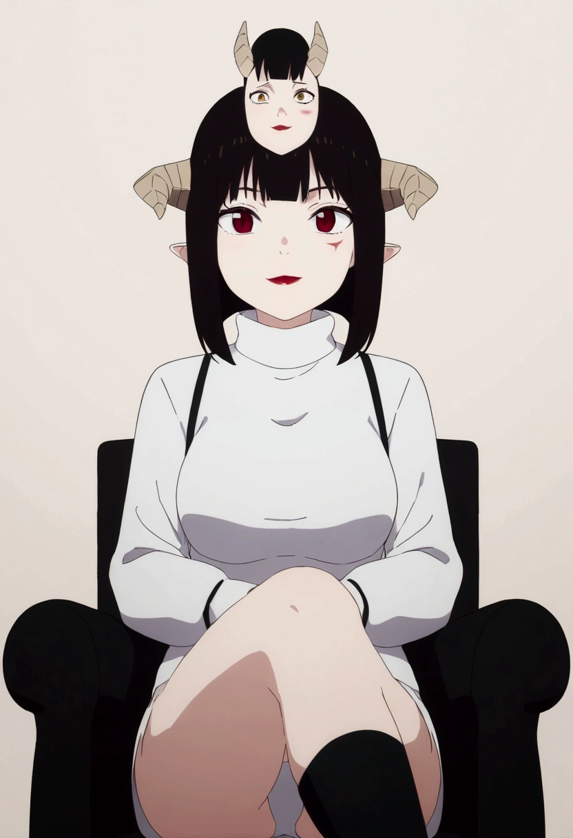 (work of art, ultra detali,high resolution,8K), 1 girl ,standing alone,hinterland,Look to viewer, TochaTortura, trunk,sheen,brunette skin,sitting on a chair,legs crossed,,black socks,horns on head,He would be,face red,blushed,staring overhead,White sweater,panties showing,ssmile
