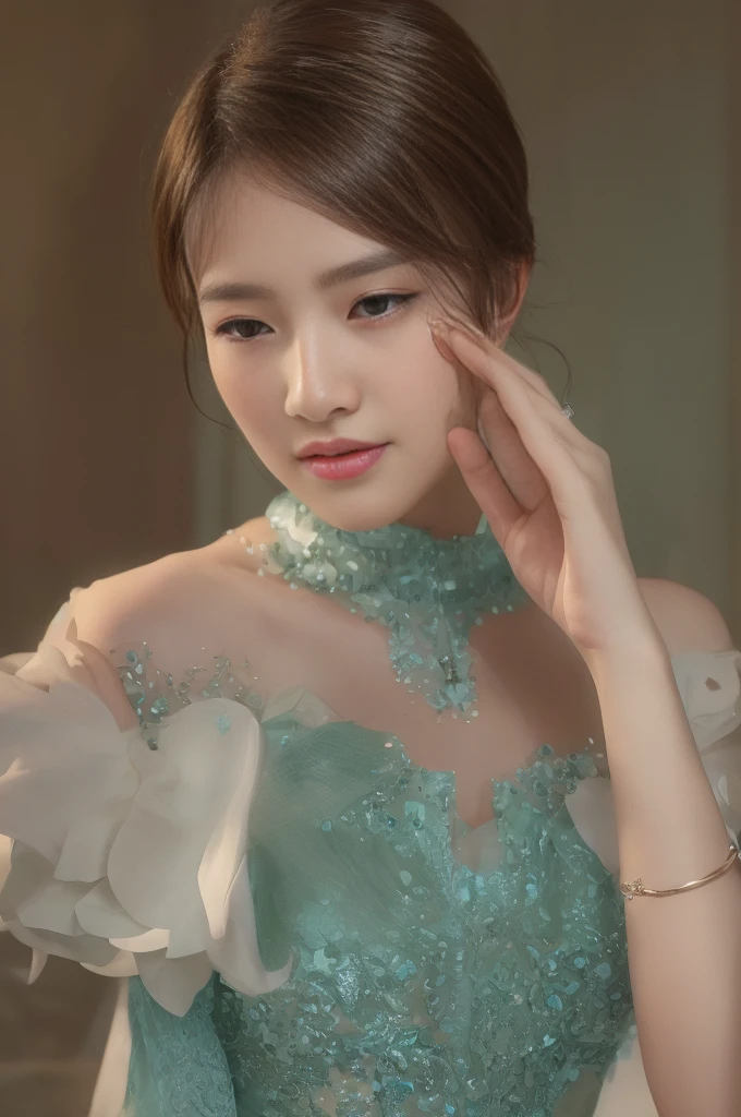 best quality,masterpiece,Ultra-high resolution,(Practical:1.4),original photo,Ultra-high resolution,8K,There was a woman,White skin,Exquisite makeup,Big Wave,Teal open collar dress:1.2,High heel,Long legs,Bright and beautiful,sexy casual pose,Lively posture,Slender woman:1.5,