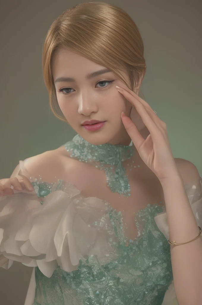 best quality,masterpiece,Ultra-high resolution,(Practical:1.4),original photo,Ultra-high resolution,8K,There was a woman,White skin,Exquisite makeup,Big Wave,Teal open collar dress:1.2,High heel,Long legs,Bright and beautiful,sexy casual pose,Lively posture,Slender woman:1.5,