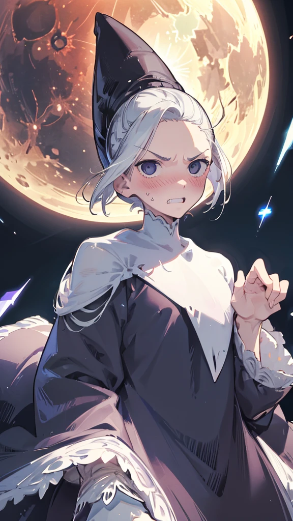 Best quality, Ultra detailed, best quality, insanely detailed, beautiful, masterpiece, 8k, 
break  
(full moon:1.2), night sky, refraction Glowing white lines ,Crossing Light,Shining Background, 
break 
1lady, silver hair, (short hair:1.2), (slicked back hair :1.5), forehead, , black eyes, ultra detailed eyes, wizard robe, tall stature, slender body, flat chest, 
Break
Upper body, from front,low angle (evil smile;1.5), evil grin,(scowl:1.1), (stare at viewer:1.5),  (embarrassed,blush:1.3), (ecstasy:1.3) ,(slut:1.2),(vulgarity:1.3),(wet:0.8),(sweat:0.8), condescending snigger ,open mouth, 