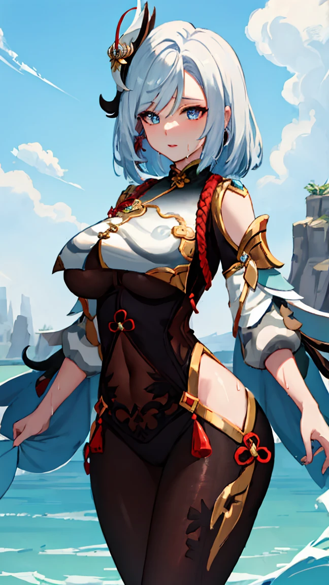 Masterpiece, high quality, shenhe \(genshin impact\), genshin impact, big breasts, busty, sexy, wide hips, white hair, blue eyes, hair ornament, breast curtains, bodystocking, hip vent, outdoor, wet