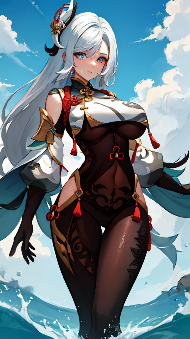 Masterpiece, high quality, shenhe \(genshin impact\), genshin impact, big breasts, busty, sexy, wide hips, white hair, blue eyes, hair ornament, breast curtains, bodystocking, hip vent, outdoor, wet