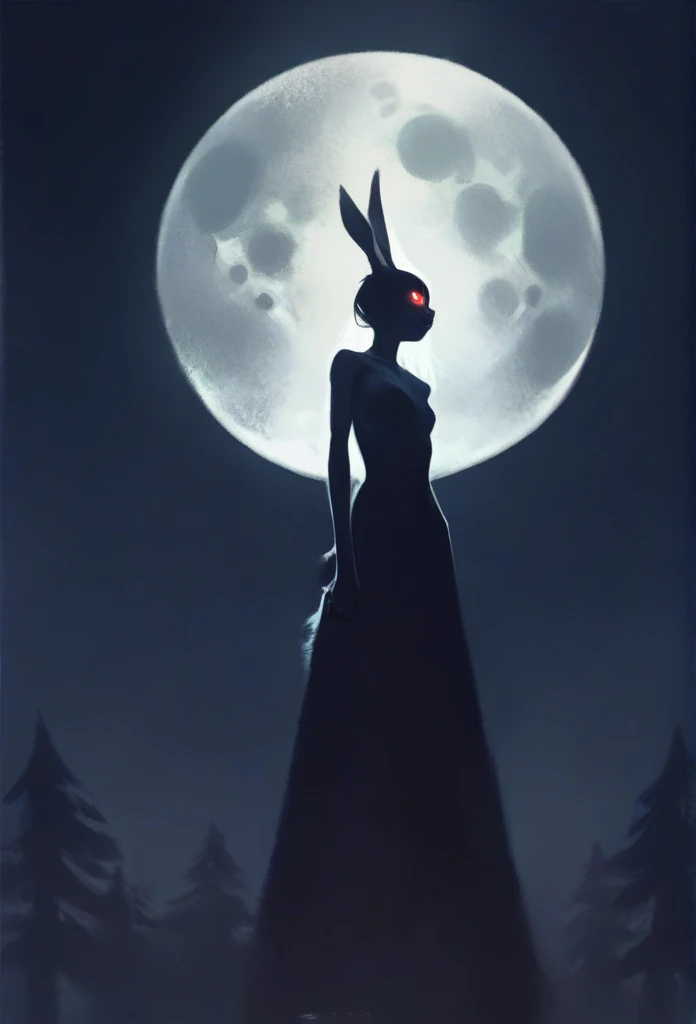 black furry bunny standing under the moonlight wearing a layered garb and has glowing eyes. One half of the bunny's face is white, while the rest of his body is black.
Dark background, high detail, no light, woods landscape in the middle of the night, mistic, full moon, moonlight, (flat shading:1.2), (minimalist:1.4)