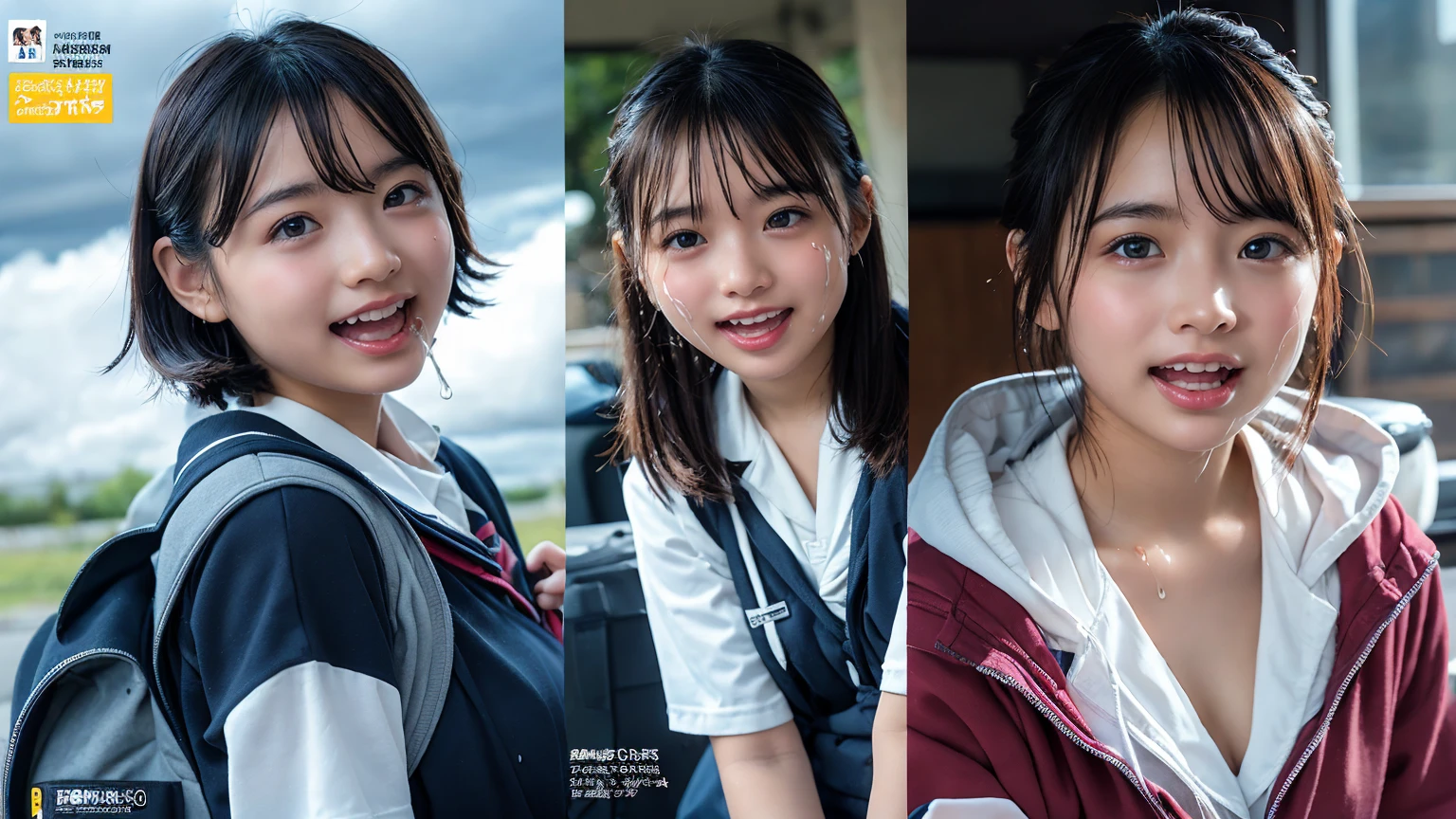 (2Split Photo:1.3)、Magazine Cover:1.3、Japanese,,Innocent face,Teenage Girlrimary school stud school,uniform,Carryingmer clothes,Sitting、front、Cute smile、Laugh with your mouth wide open、((Semen dripping from the mouth:1.2))、Mouth full of semen:1.5、A lot of semen on the tongue、((Cloudy, thick semen))、whole body、Full Body、Semen dripping from the genitals、You can see the nipples、Not wearing a bra