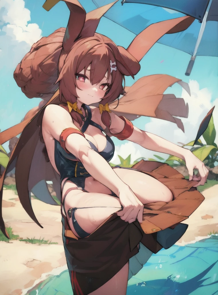 1.5),(girl),(Dynamic pose),Brown Hair,(Vermilion eyes),(first round),Big Breasts,Swimwear