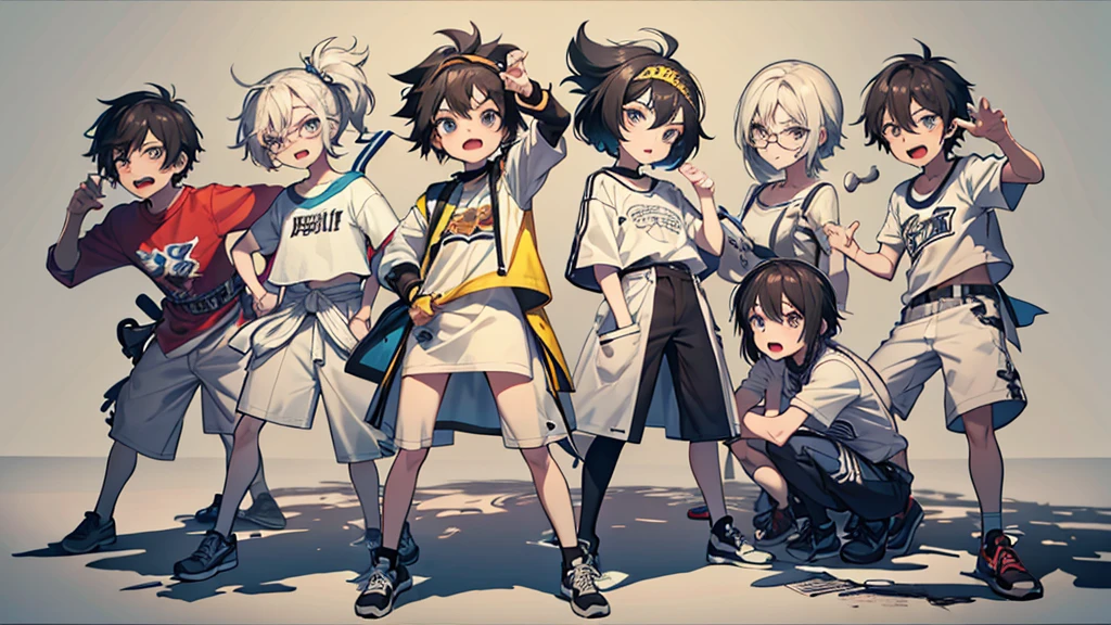 Create a black-and-white sketch of a group of six cartoon characters standing together, each displaying distinct emotions and personalities. The characters have exaggerated facial expressions and unique hairstyles. From left to right:
1. The first character has a short, messy hairstyle and looks surprised with their hands slightly raised.
2. The second character has a long, parted hairstyle and appears anxious, with a worried expression and hands clasping the front of their shirt.
3. The third character has spiky hair, is laughing with their mouth wide open, and has their hands on their hips.
4. The fourth character has short, straight hair, is making an angry face, and is clenching one fist while the other hand is on their hip.
5. The fifth character has long hair with a headband and glasses, looking confused or contemplative, and is wearing a shirt with a large 'A' on it.
6. The sixth character has short, dark hair and is making a mischievous or rebellious face, with one hand in their pocket and the other making a rock-on gesture.
The characters are dressed in various casual outfits, and the background is plain, giving the focus to their expressive faces and postures.