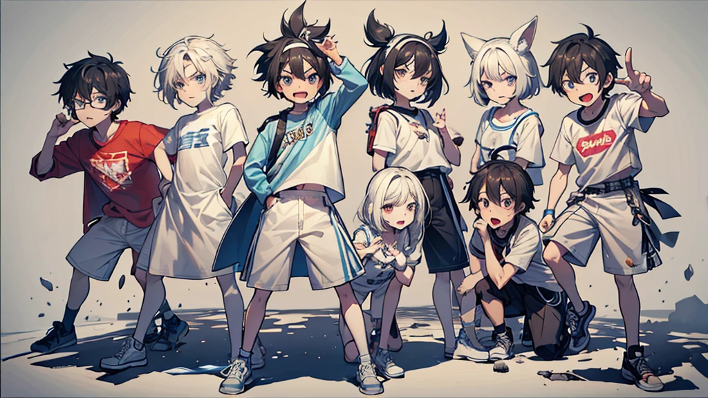 Create a black-and-white sketch of a group of six cartoon characters standing together, each displaying distinct emotions and personalities. The characters have exaggerated facial expressions and unique hairstyles. From left to right:
1. The first character has a short, messy hairstyle and looks surprised with their hands slightly raised.
2. The second character has a long, parted hairstyle and appears anxious, with a worried expression and hands clasping the front of their shirt.
3. The third character has spiky hair, is laughing with their mouth wide open, and has their hands on their hips.
4. The fourth character has short, straight hair, is making an angry face, and is clenching one fist while the other hand is on their hip.
5. The fifth character has long hair with a headband and glasses, looking confused or contemplative, and is wearing a shirt with a large 'A' on it.
6. The sixth character has short, dark hair and is making a mischievous or rebellious face, with one hand in their pocket and the other making a rock-on gesture.
The characters are dressed in various casual outfits, and the background is plain, giving the focus to their expressive faces and postures.