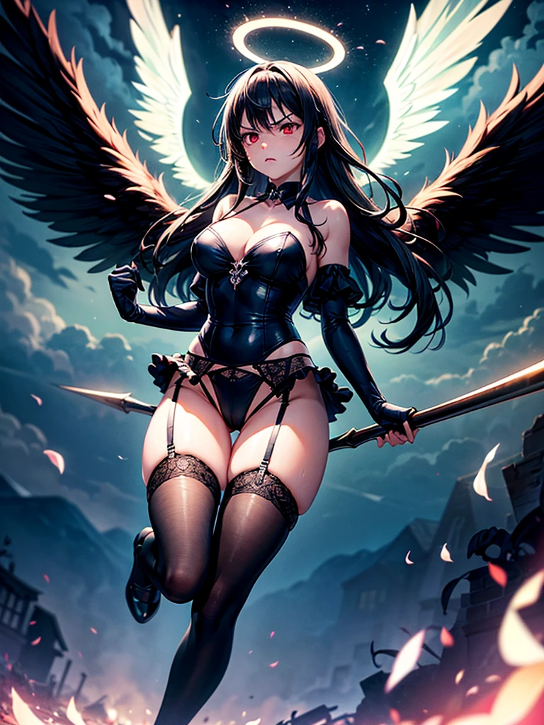 Highest quality,Highest Resolution,Beautiful girl with angry face in gothic ta leotard,High leg,(((Floating in the air))),Halo,Night Sky,Severe lightning strike,Thick Lightning,Very beautiful red eyes,rain,(((Black angel wings on the back))),whole body,front,Purple long hair,In hand1with two big spears,Knee-high stockings,garter belt,Floating in the air,darkness,