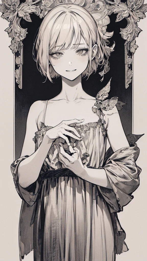 Highest quality, (Background details), High Contrast, Very beautiful , Detailed original illustrations,Very small stature、Baby Face、Villain、Fairy, Wavy platinum blonde hair、Bob Cut Hair、 Delicate face,  Naughty ???、White sundress、Real breasts, Flat Chest、Crazy Smile, Crazy Eyes, Black background, (Black background: 1. 5), Beautiful line art, Monochrome