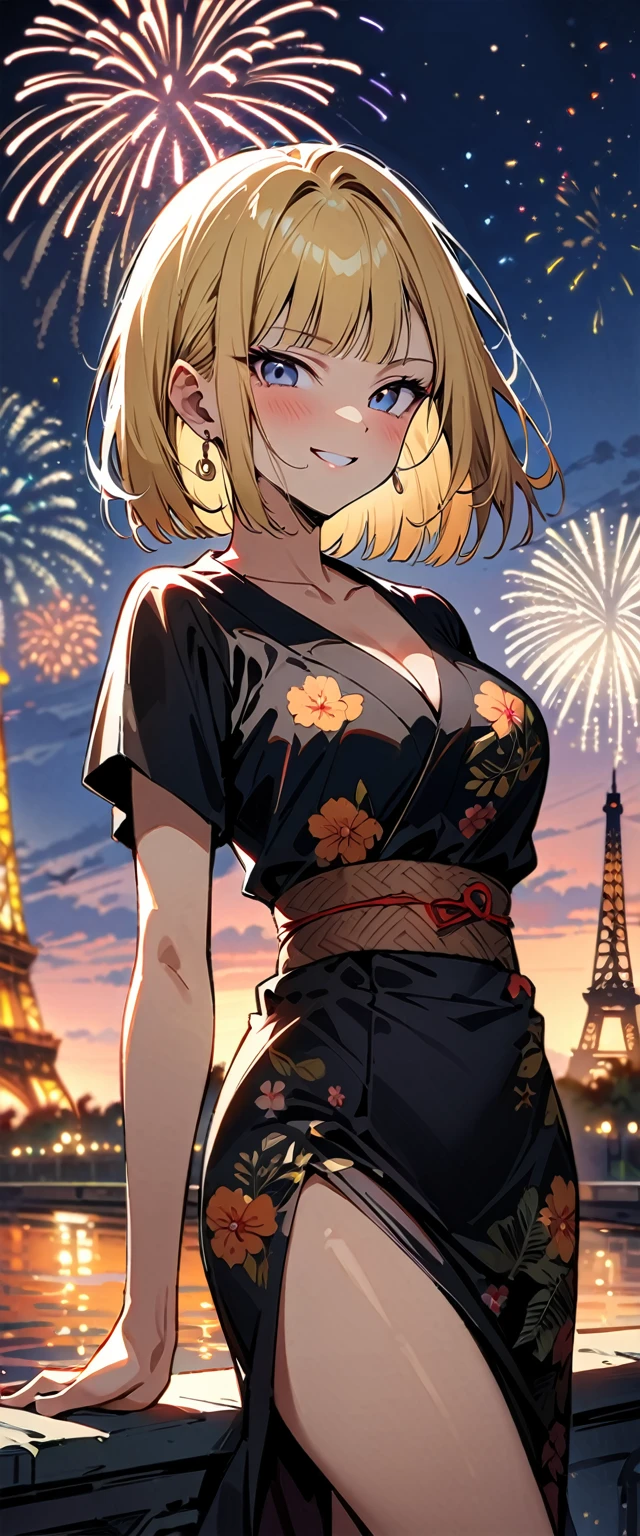 (masterpiece, best quality:1.2),1girl, (solo), Android 18 from Dragon Ball, ((floral print black kimono)), medium breasts, blunt bangs, blonde short hair, black eyes, earrings on earlobes, slim, slender feminine figure, skinny body, blush, magnificent view, blur background, 4K, the Eiffel Tower, firework, collarbone, looking at fireworks, riverside, evil smile,