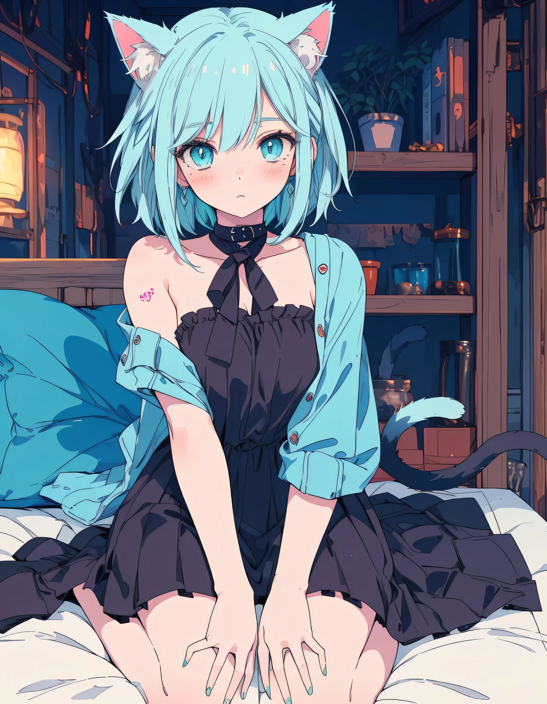 tattoo, whole body, blush, surprised, ((masterpiece, Highest quality:1.5)), ((Beautiful and detailed cat aqua eyes:1.2)), Cat ear, Pale skin, Medium chest, Beautiful Hands, Beautiful fingers, Easy Negative
