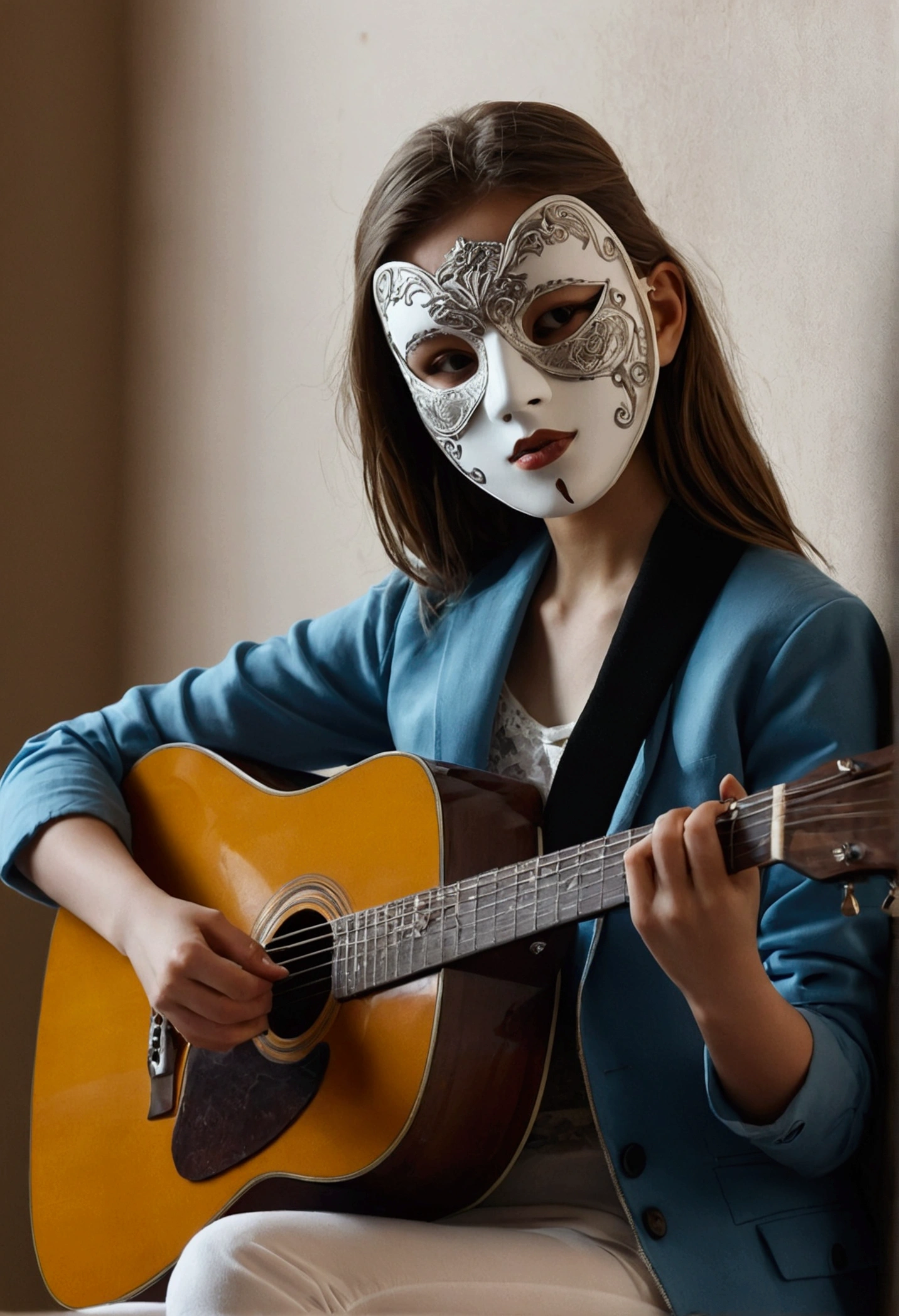 a girl with a guitar playing it and has a mask aesthetic