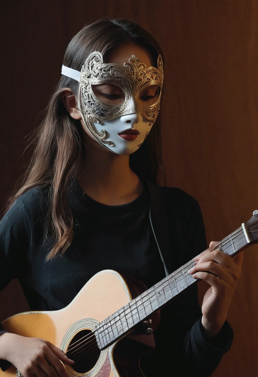a girl with a guitar playing it and has a mask aesthetic