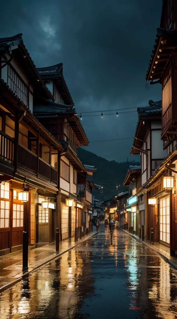 arafed view of a village with a lot of lights on the buildings, dreamy japanese town, japanese village, amazing wallpaper, japanese town, japanese village, hyper realistic photo of a town, old asian village, japanese city, by Raymond Han, rainy evening, cyberpunk chinese ancient castle, beautifully lit buildings, at evening during rain, beautiful and aesthetic, photography, cinematic, 8k, high detailed ((Heavy rain)))