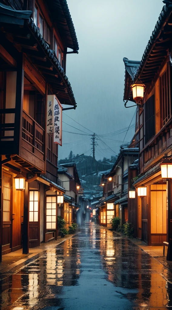 arafed view of a village with a lot of lights on the buildings, dreamy japanese town, japanese village, amazing wallpaper, japanese town, japanese village, hyper realistic photo of a town, old asian village, japanese city, by Raymond Han, rainy evening, cyberpunk chinese ancient castle, beautifully lit buildings, at evening during rain, beautiful and aesthetic, photography, cinematic, 8k, high detailed ((Heavy rain)))