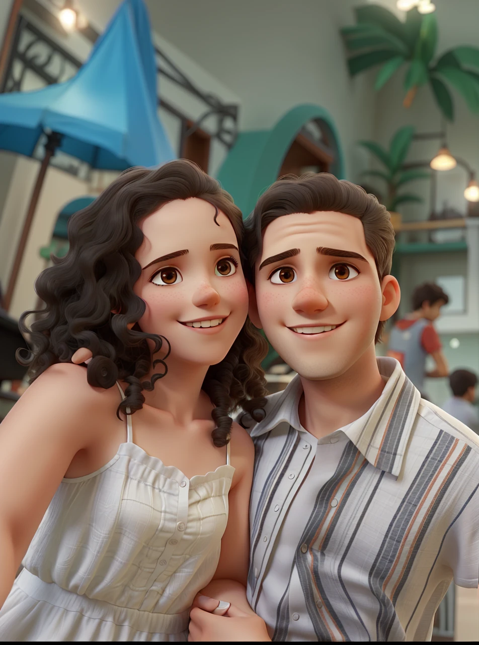 young long curly hair woman in a white dress and young short hair man hugging each other looking at the photo
