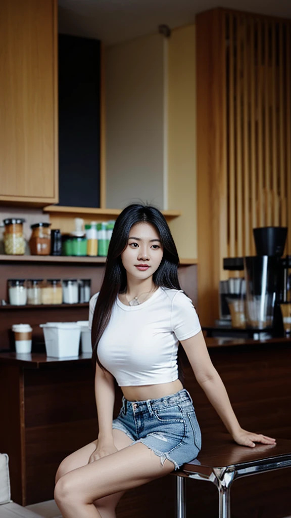 a pretty indonesian girl, natural breasts, casual white tight shirt with o-neck short-sleeve and jeans short shorts, high heels, at coffee shop, standing, front view, realistic, photo realistic, at office room