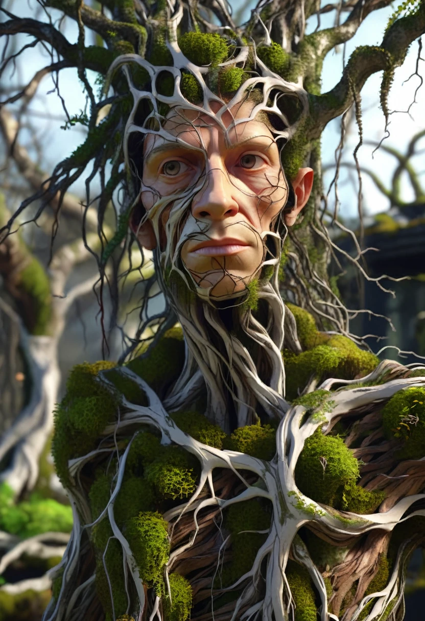 Bioengineered human-tree hybrid,look at viewer,Tangled branches for hair,bark surface,tree face,bark face,leaves spring from the body,Standing in the desolate ruins,There is moss and vines.,ultra realistic,high resolution,depth of field,about beauty,Product introduction images,wear a suit