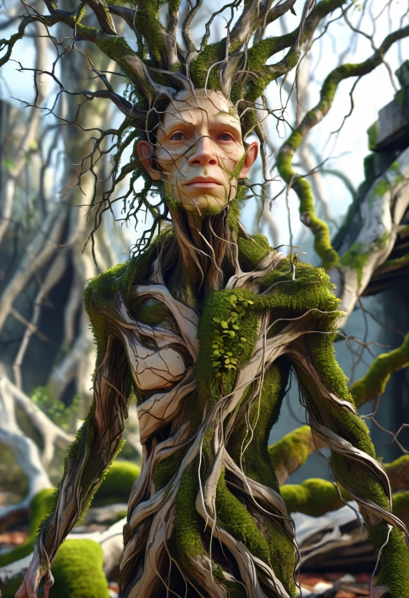 Bioengineered human-tree hybrid,look at viewer,Tangled branches for hair,bark surface,tree face,bark face,leaves spring from the body,Standing in the desolate ruins,There is moss and vines.,ultra realistic,high resolution,depth of field,about beauty,Product introduction images,wear a suit