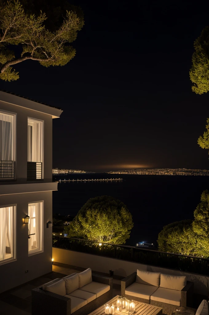 Sea of night,field,the sky is pitch black,No moon,View from the villa,Realistic,More realistic,Seaside terrace,8K Ultra HD, Digital SLR, Party Venue,Midnight Sea,View from the terrace,空にNo moon
