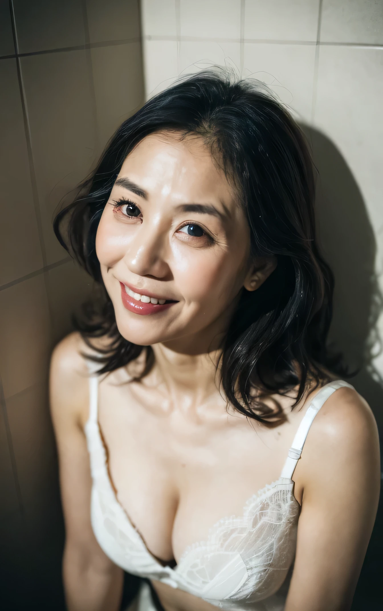 ((Highest quality, 8K, masterpiece, Portraiture: 1.3, Realistic)), (From below, Looking down, View your viewers), (Cowboy Shot:1), Sharp focus, alone, Japanese Mature, beauty, (Expression of joy), Cloth that shows cleavage, 40age, Wavy Hair, Wrinkles around the eyes, Gorgeous Bra, Wet bathroom floor,((looking at the camera))