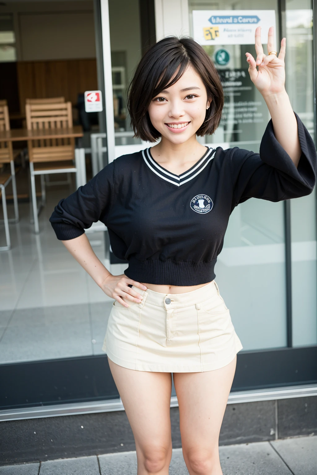 Top quality, 1 beautiful woman, super short Hair , Giddy Smile,mini Skirt, Booty pose, at school 