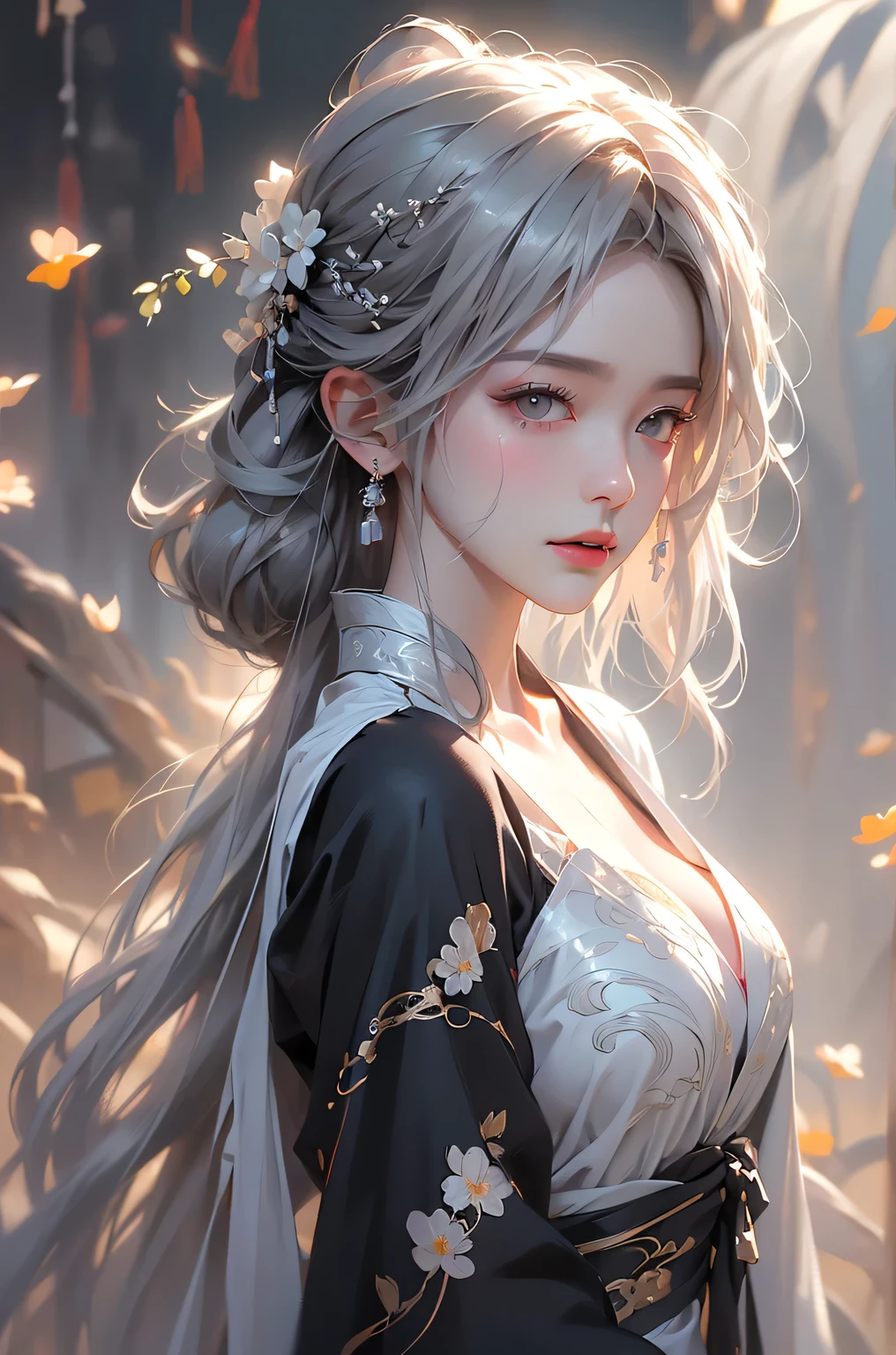 super high quality, masterpiece, Perfect illustration, Very detailed (Exquisite light and shadow, Very dramatic photo,Backlight) , ((Gray Hair:1.5))1 Girl,(( alone:1.6)), (Wearing Han clothes, Black and white Hanfu,Monotony,Long sleeve) Flower Field, Flowers, (White smoke:1.3) (Realistic:1.4), Zen Intertwining, Tangled, Official Art, unity 8k wallpaper, Very detailed, Beautiful and beautiful, masterpiece, Highest quality, (Dynamic Angle: 1.4), Glowing Skin, (Floating colorful flashes: 1) The most beautiful chaotic shapes, elegant, Brutalist Design, Bright colors, Romantic Depth of Field Exotic_dance, half_naked、（Separate sleeves:1.4, Expose your shoulders、Ample breasts、Beautiful cleavage）（from backside）
