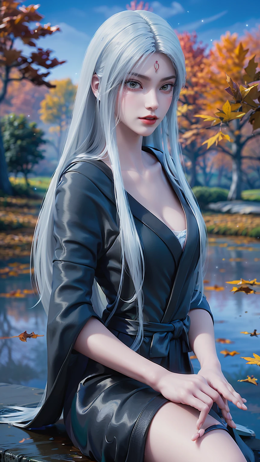 Araffe lady in black dress sitting on ledge over pond, seductive Tifa lockhart portrait, Tifa, Beautiful and charming anime woman, Popular on cgstation, Tifa lockhart, Beautiful goddess, glamorous Tifa lockheart, Japanese Goddess, Realistic anime girl rendering, Anime Goddess, Beautiful fantasy queen, Attractive anime girl, Popular on cgstation内容，(((White long hair)))，(((Green eyes))，((Black robe))，((Place one hand on your chest))